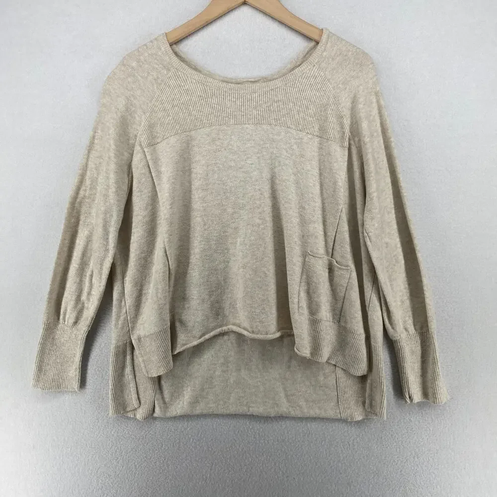 EILEEN FISHER Sweater M Organic Cotton Boxy Tunic Scoop Neck Pullover Beige